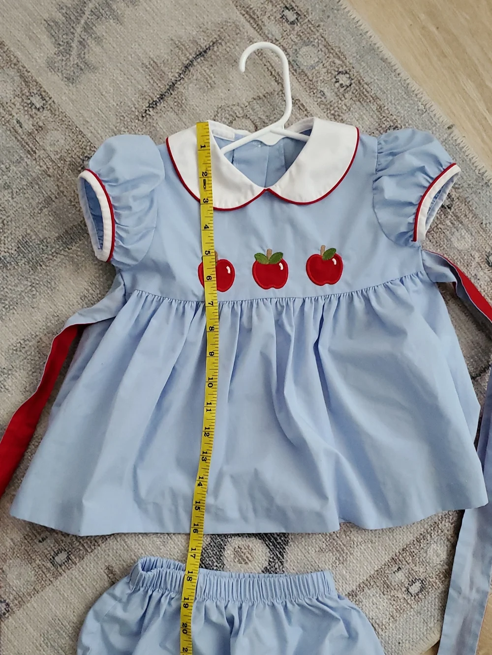 Little English Girls Light Blue Set Outfit Red Apple Appliqués School Sz4T